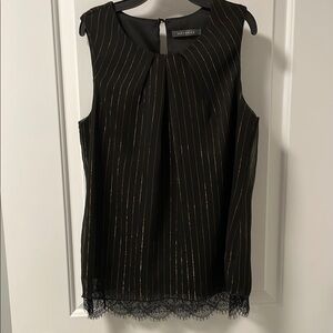 Suzy Shier Black Striped Pleated Blouse